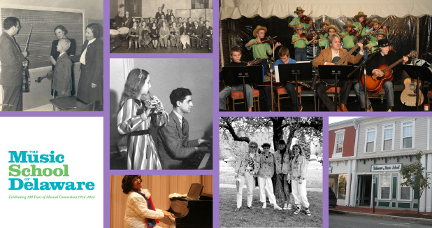 A collage of images from the school's history - black and white photos of teachers with a student, the school's first orchestra, the old building in Wilmington, students from the 80s, the Milford Branch before merging with Wilmington