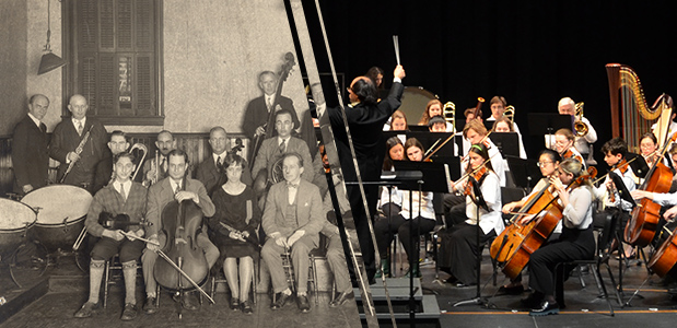 A combined photo of an ensemble from the 30s and the Delaware Youth Symphony Orchestra of the 2020s